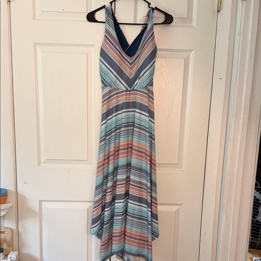 Prana Striped V-Neck High-Low Maxi Dress in Blue & Pink